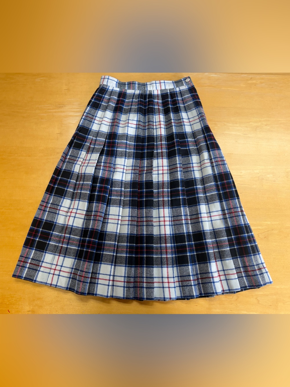 Vintage Greg Adams Plaid Wool Blend Pleated Black &  White Midi Skirt